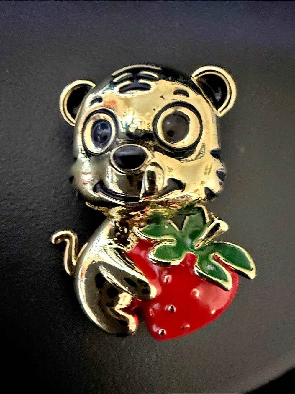 Teddy Bear Strawberry Brooch in Gold & Red